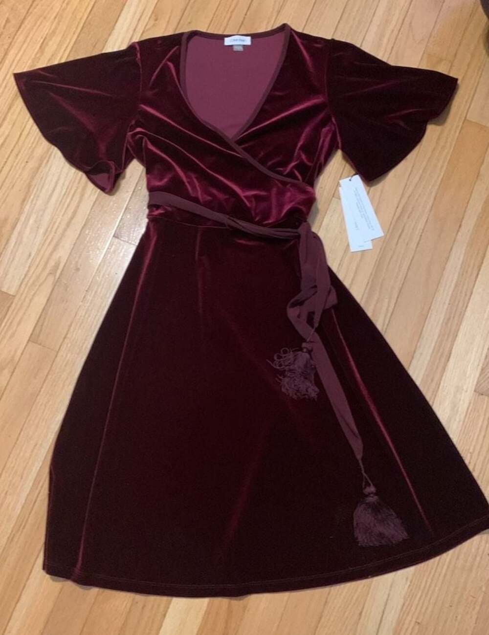 Calvin Klein Burgundy Velvet Faux-Wrap Flutter Sleeve Dress with Tassel Belt
